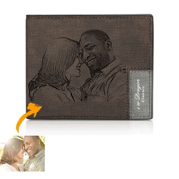 Picture of Personalized Men's Engraved Photo Wallet - Dark Brown - Custom Photo & Text Engraved Trifold Wallet Best Gifts for Father Husband or Boyfriend