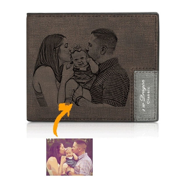 Picture of Personalized Men's Engraved Photo Wallet - Dark Brown - Custom Photo & Text Engraved Trifold Wallet Best Gifts for Father Husband or Boyfriend