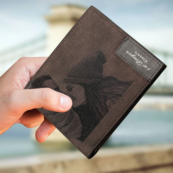 Picture of Personalized Men's Engraved Photo Wallet - Dark Brown - Custom Photo & Text Engraved Trifold Wallet Best Gifts for Father Husband or Boyfriend