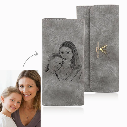 Picture of Women's Photo Engraved Trifold Photo Wallet - Grey - Custom Photo & Text Engraved Trifold Wallet Best Gifts for Mother Wife or Girlfriend