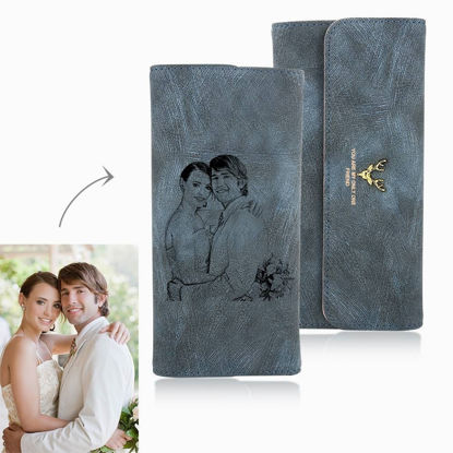 Picture of Women's Photo Engraved Trifold Photo Wallet - Blue - Custom Photo & Text Engraved Trifold Wallet Best Gifts for Mother Wife or Girlfriend