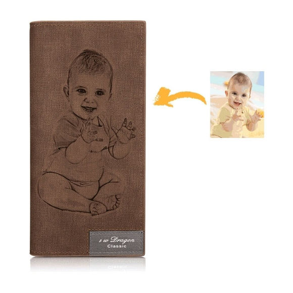 Picture of Ladies/men's Photo Engraved Long Style Bifold Photo Wallet - Brown - Custom Photo & Text Engraved Trifold Wallet Best Gifts for Mother Wife or Girlfriend