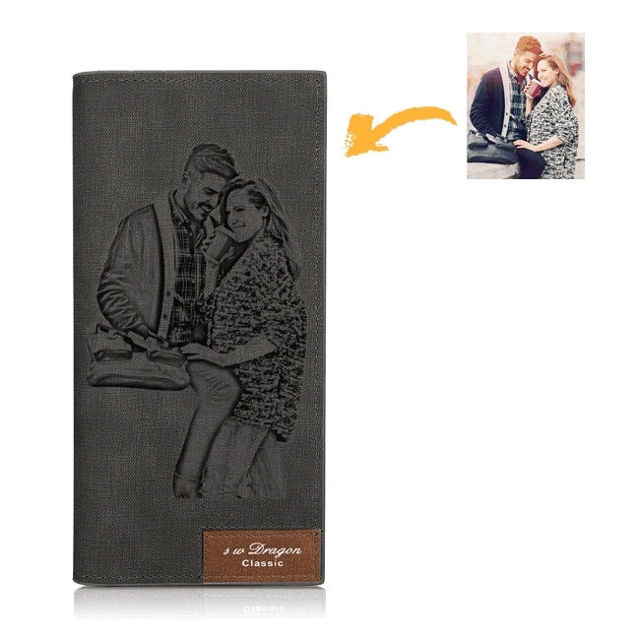 Picture of Ladies/men's Photo Engraved Long Style Bifold Photo Wallet - Gray - Custom Photo & Text Engraved Trifold Wallet Best Gifts for Mother Wife or Girlfriend