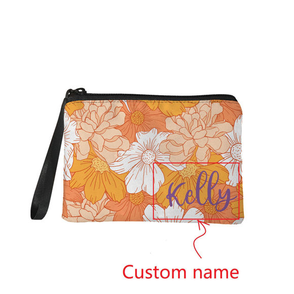 Picture of Custom Orange Flowers Portable Coin Purse | Personalized Name Coin Purse | Personaliezed Gifts | Best Gift Idea for Birthday, Thanksgiving, Christmas etc.