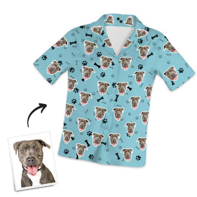 Picture of Customized Pet Photo Short Sleeved Pajamas with Bones and Footprints - Personalized Photo Pajama Shirt for Women or Men - Best Gift for Family and Friends