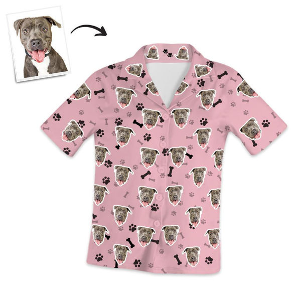 Picture of Customized Pet Photo Short Sleeved Pajamas with Bones and Footprints - Personalized Photo Pajama Shirt for Women or Men - Best Gift for Family and Friends