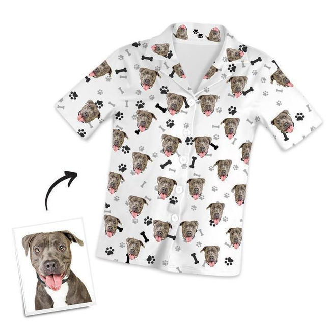 Picture of Customized Pet Photo Short Sleeved Pajamas with Bones and Footprints - Personalized Photo Pajama Shirt for Women or Men - Best Gift for Family and Friends