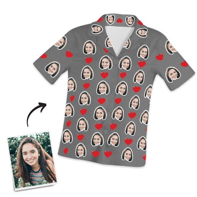 Picture of Customized Photo Short Sleeved Pajamas with Hearts - Personalized Photo Pajama Shirt for Women or Men - Best Gift for Family and Friends