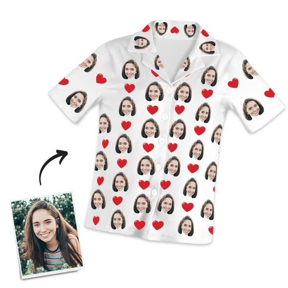 Picture of Customized Photo Short Sleeved Pajamas with Hearts - Personalized Photo Pajama Shirt for Women or Men - Best Gift for Family and Friends