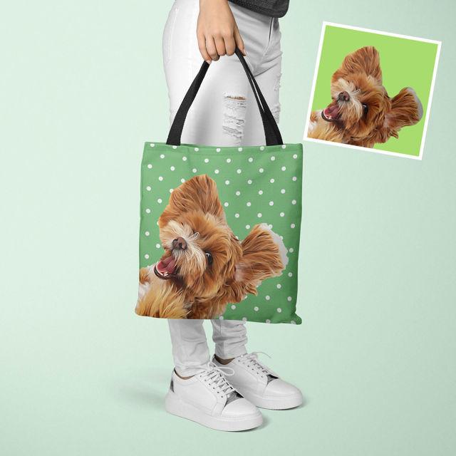 Picture of Customized Pet Upper-body Photo Tote Bag Little Polka Dots Elements With Personalized Background Color | Best Gifts Idea for Birthday, Thanksgiving, Christmas etc.