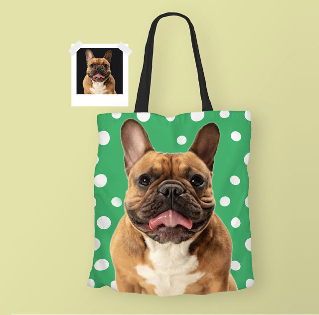 Picture of Customized Pet Upper-body Photo Tote Bag Polka Dots Elements With Personalized Background Color | Best Gifts Idea for Birthday, Thanksgiving, Christmas etc.