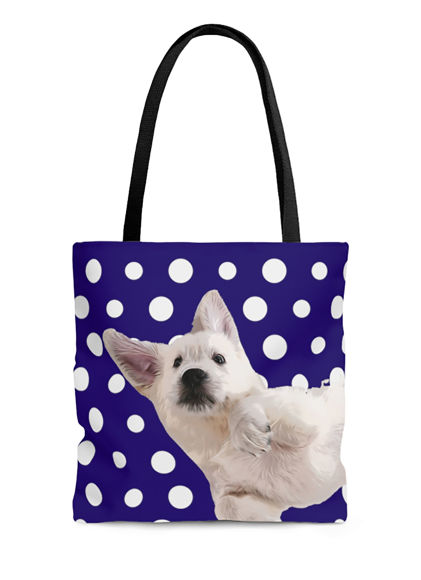 Picture of Customized Pet Upper-body Photo Tote Bag Polka Dots Elements With Personalized Background Color | Best Gifts Idea for Birthday, Thanksgiving, Christmas etc.