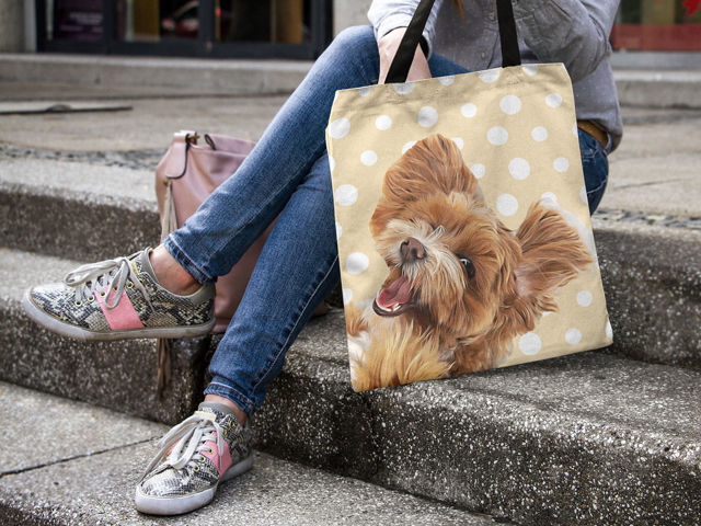 Picture of Customized Pet Upper-body Photo Tote Bag Polka Dots Elements With Personalized Background Color | Best Gifts Idea for Birthday, Thanksgiving, Christmas etc.