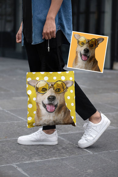 Picture of Customized Pet Upper-body Photo Tote Bag Polka Dots Elements With Personalized Background Color | Best Gifts Idea for Birthday, Thanksgiving, Christmas etc.