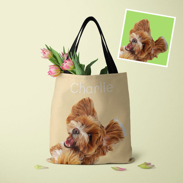 Picture of Customized Pet Upper-body Photo Tote Bag Personalized Name And Background Color | Best Gifts Idea for Birthday, Thanksgiving, Christmas etc.