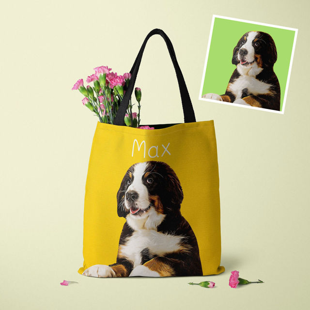 Picture of Customized Pet Upper-body Photo Tote Bag Personalized Name And Background Color | Best Gifts Idea for Birthday, Thanksgiving, Christmas etc.