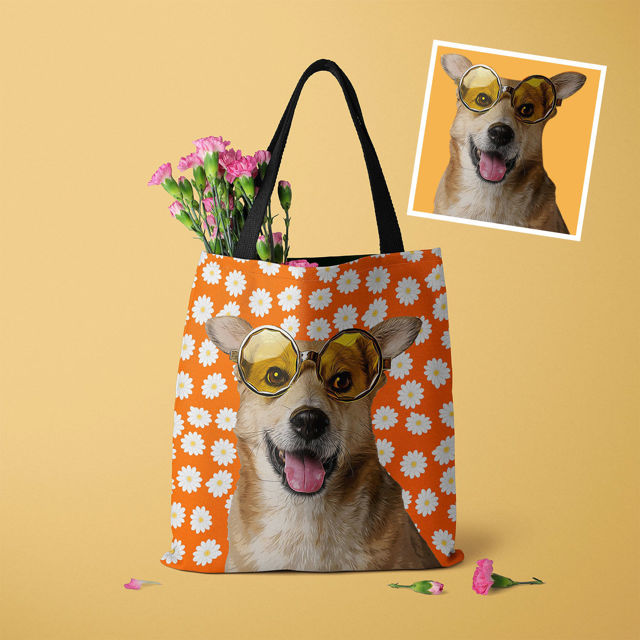 Picture of Customized Pet Upper-body Photo Tote Bag Daisy Elements With Personalized Background Color | Best Gifts Idea for Birthday, Thanksgiving, Christmas etc.