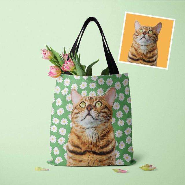 Picture of Customized Pet Upper-body Photo Tote Bag Daisy Elements With Personalized Background Color | Best Gifts Idea for Birthday, Thanksgiving, Christmas etc.