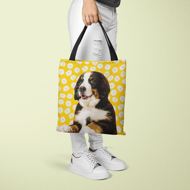 Picture of Customized Pet Upper-body Photo Tote Bag Daisy Elements With Personalized Background Color | Best Gifts Idea for Birthday, Thanksgiving, Christmas etc.