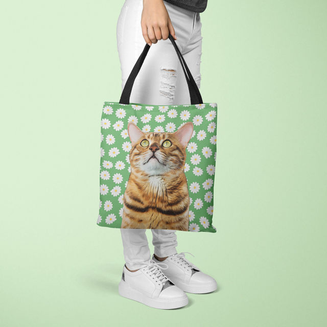 Picture of Customized Pet Upper-body Photo Tote Bag Daisy Elements With Personalized Background Color | Best Gifts Idea for Birthday, Thanksgiving, Christmas etc.