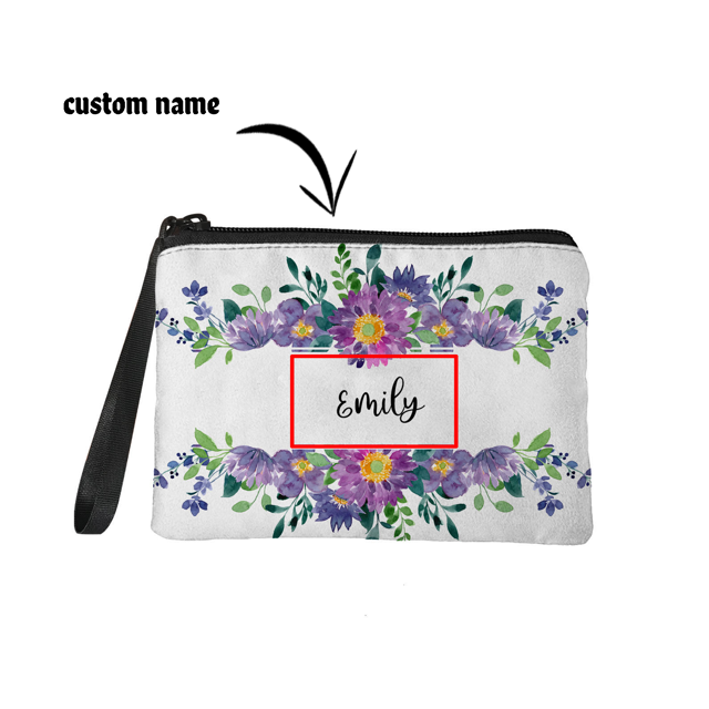 Picture of Custom Purple Flowers Portable Coin Purse | Personalized Name Coin Purse | Personaliezed Gifts | Best Gifts Idea for Birthday, Thanksgiving, Christmas etc.