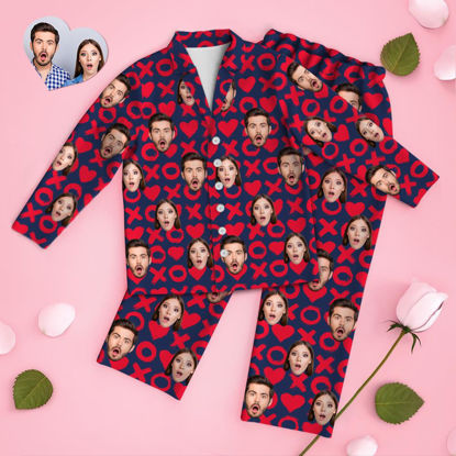 Picture of Custom Couples Pajamas - Pattern XXOO - Personalized Face Copy Unisex Pajamas - Best Gift for Family, Friend