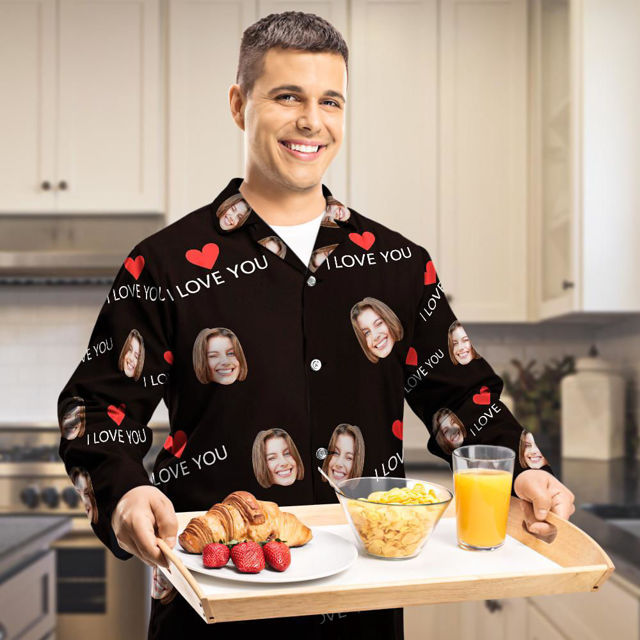 Picture of Custom Pajamas “I Love You” Long Sleeves as Best Gift Idea - Personalized Face Copy Unisex Pajamas - Best Gift For Family, Friend