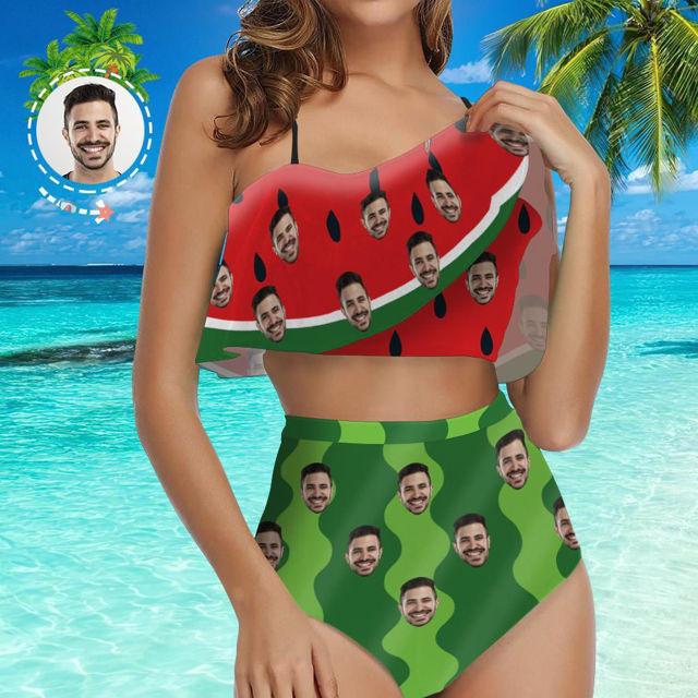 Picture of Personalize Photo Copy Face Watermelon Women's Bikini Two Piece Suit - Multi Face Swimwear for Bachelorette Party - Summer Best Gift