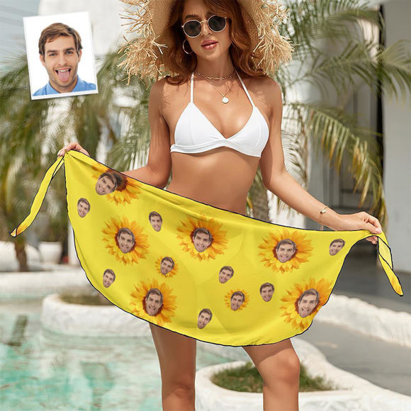 Picture of Personalize Photo Custom Face Sunflower Beach Wrap Women Short Sarongs - Multi Face Swimwear for Bachelorette Party - Summer Best Gift