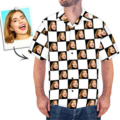 Picture of Custom Face Photo Hawaiian Shirt - Custom Face All Over Print Black & White Check-board Hawaiian Shirt - Beach Party T-Shirts Best Gifts for Men