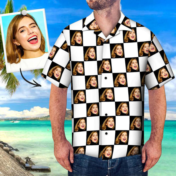 Picture of Custom Face Photo Hawaiian Shirt - Custom Face All Over Print Black & White Check-board Hawaiian Shirt - Beach Party T-Shirts Best Gifts for Men