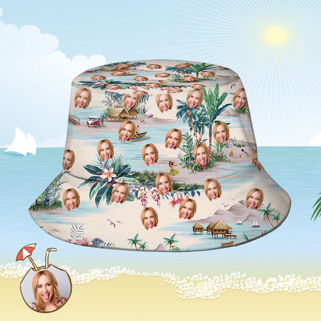 Picture of Custom Bucket Hat | Personalized Face All Over Print Tropical Flower Print Hawaiian Fisherman Hat - Sea View | Best Gifts Idea for Birthday, Thanksgiving, Christmas etc.