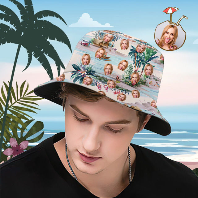 Picture of Custom Bucket Hat | Personalized Face All Over Print Tropical Flower Print Hawaiian Fisherman Hat - Sea View | Best Gifts Idea for Birthday, Thanksgiving, Christmas etc.