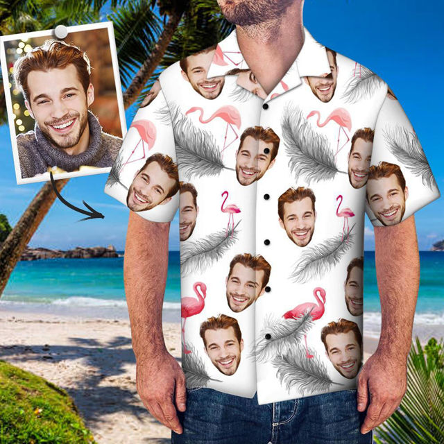 Picture of Custom Face Photo Hawaiian Shirt - Custom Face Shirt Men Hawaiian Shirt Flamingos & Feather - Beach Party T-Shirts as Holiday Gifts - Best Gift