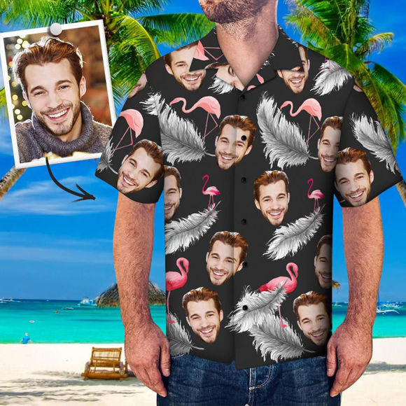 Picture of Custom Face Photo Hawaiian Shirt - Custom Face Shirt Men Hawaiian Shirt Flamingos & Feather - Beach Party T-Shirts as Holiday Gifts - Best Gift