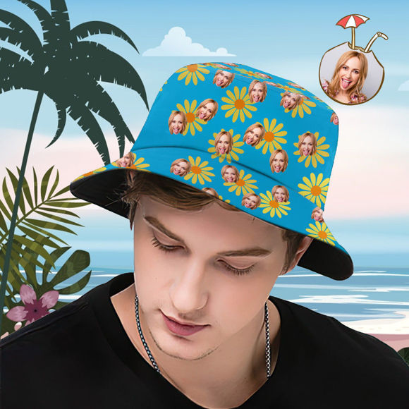 Picture of Custom Bucket Hat | Personalized Face All Over Print Tropical Flower Print Hawaiian Fisherman Hat - Yellow Flowers | Best Gifts Idea for Birthday, Thanksgiving, Christmas etc.