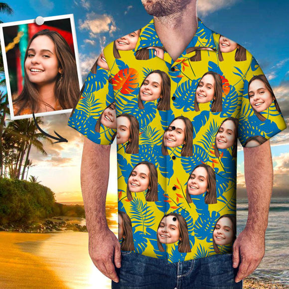 Picture of Custom Face Photo Hawaiian Shirt - Custom Men's Face Shirt All Over Print Leaves Hawaiian Shirt - Gift for Men - Beach Party T-Shirts as Holiday Gifts