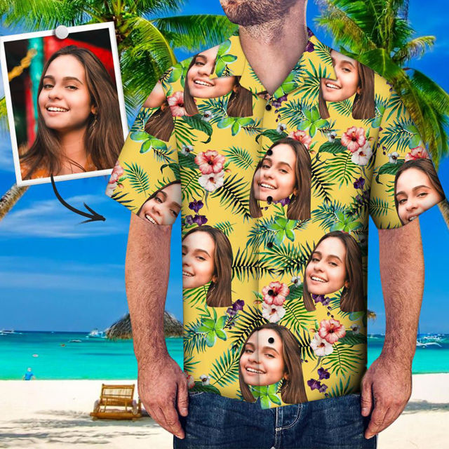 Picture of Custom Face Photo Hawaiian Shirt - Men's Custom Face Tree All Over Print Hawaiian Shirt - Best Gifts for Men - Beach Party T-Shirt as Holiday Gift