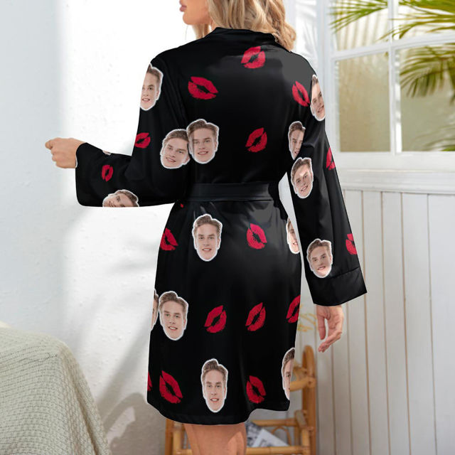 Picture of Custom Face Lip Print  Long Sleeve Nightgown - Personalized Pet Photo Night Robe/Bathrobe - Birthdays & Christmas Gift