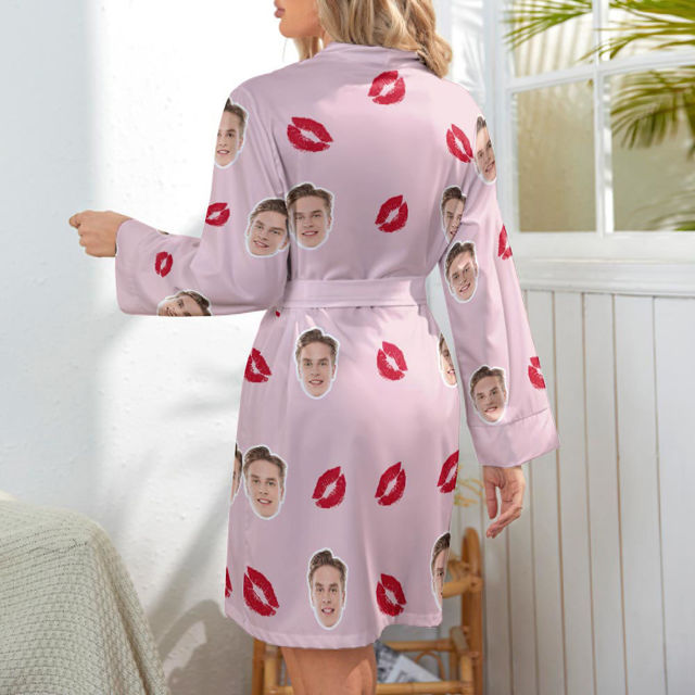 Picture of Custom Face Lip Print  Long Sleeve Nightgown - Personalized Pet Photo Night Robe/Bathrobe - Birthdays & Christmas Gift