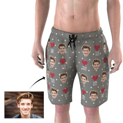 Picture of Custom Photo Face Men's Beach Pant - Personalize Heart Polka Dots Face Drawstring Beach Short Pants - Multi Faces Quick Dry Swim Trunk, for Father's Day Gift or Boyfriend