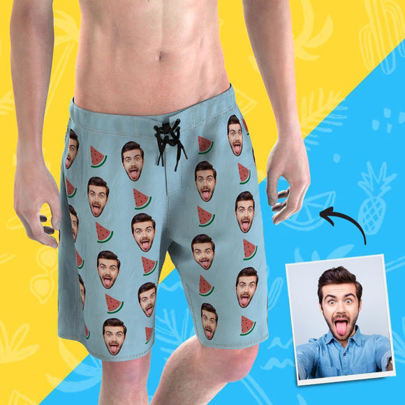 Picture of Custom Photo Face Men's Beach Pant - Personalized Face with Watermelon, Multi Faces Quick Dry Swim Trunk, for Father's Day Gift or Boyfriend