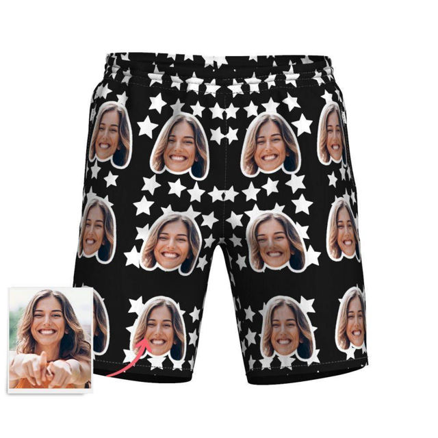 Picture of Custom Photo Face Men's Beach Pants - Personalized Face Copy Photo with Stars - Men's Mid-Length Hawaiian Beach Pants for Father, Boyfriend