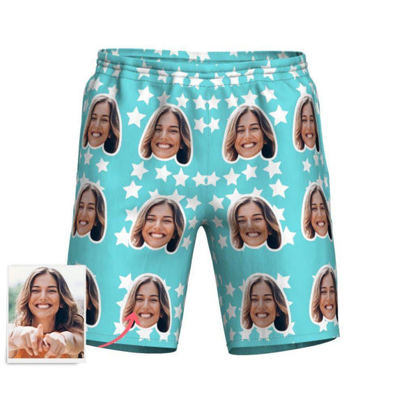 Picture of Custom Photo Face Men's Beach Pants - Personalized Face Copy Photo with Stars - Men's Mid-Length Hawaiian Beach Pants for Father, Boyfriend