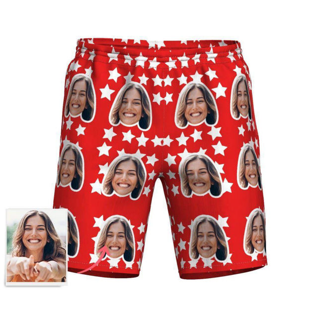 Picture of Custom Photo Face Men's Beach Pants - Personalized Face Copy Photo with Stars - Men's Mid-Length Hawaiian Beach Pants for Father, Boyfriend