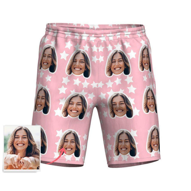 Picture of Custom Photo Face Men's Beach Pants - Personalized Face Copy Photo with Stars - Men's Mid-Length Hawaiian Beach Pants for Father, Boyfriend