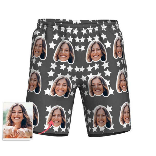 Picture of Custom Photo Face Men's Beach Pants - Personalized Face Copy Photo with Stars - Men's Mid-Length Hawaiian Beach Pants for Father, Boyfriend