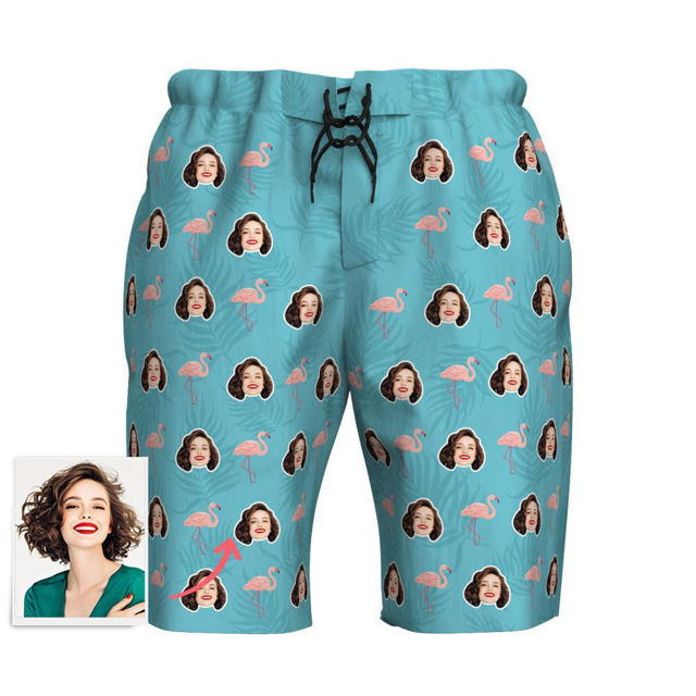 Picture of Custom Photo Face Men's Beach Pants - Personalized Face with Flamingo - Multi Faces Quick Dry Swim Trunk, for Father's Day Gift or Boyfriend