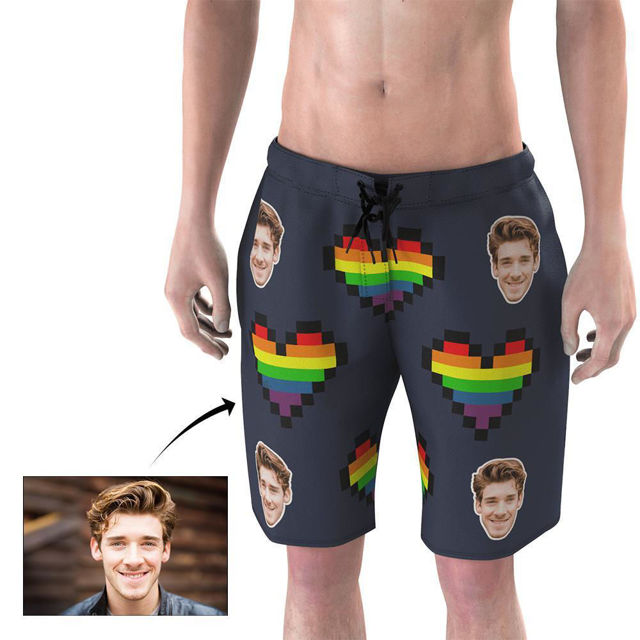 Picture of Custom Photo Face Men's Beach Pants - Personalized Face with Hearts - Multi Faces Quick Dry Swim Trunk - for Father's Day Gift or Boyfriend