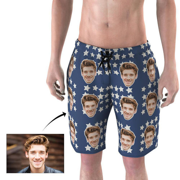 Picture of Custom Photo Face Men's Beach Pants - Personalized Face with Small Stars - Multi Faces Quick Dry Swim Trunk - Father's Day Gift or Boyfriend
